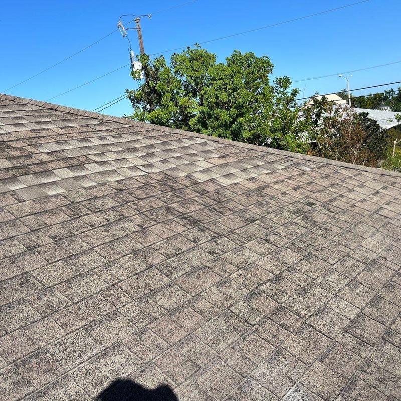 Asphalt shingle roof with visible wear and damage