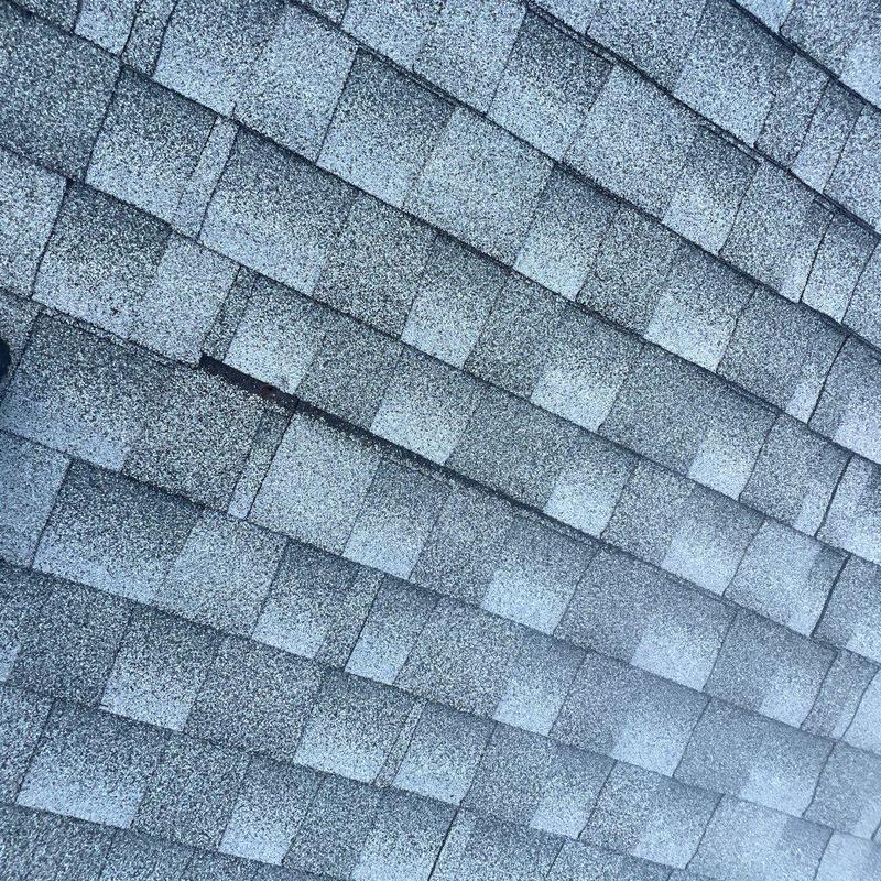 Asphalt shingle roof with visible wear and deterioration