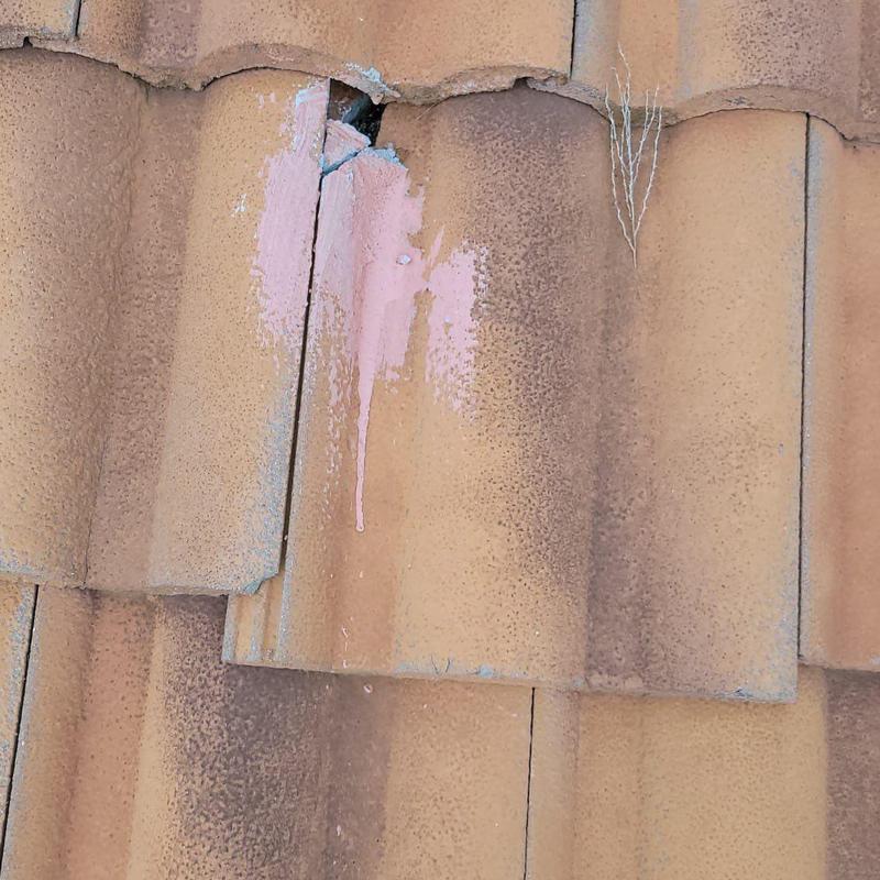 Concrete tile roof with cracked and patched tile