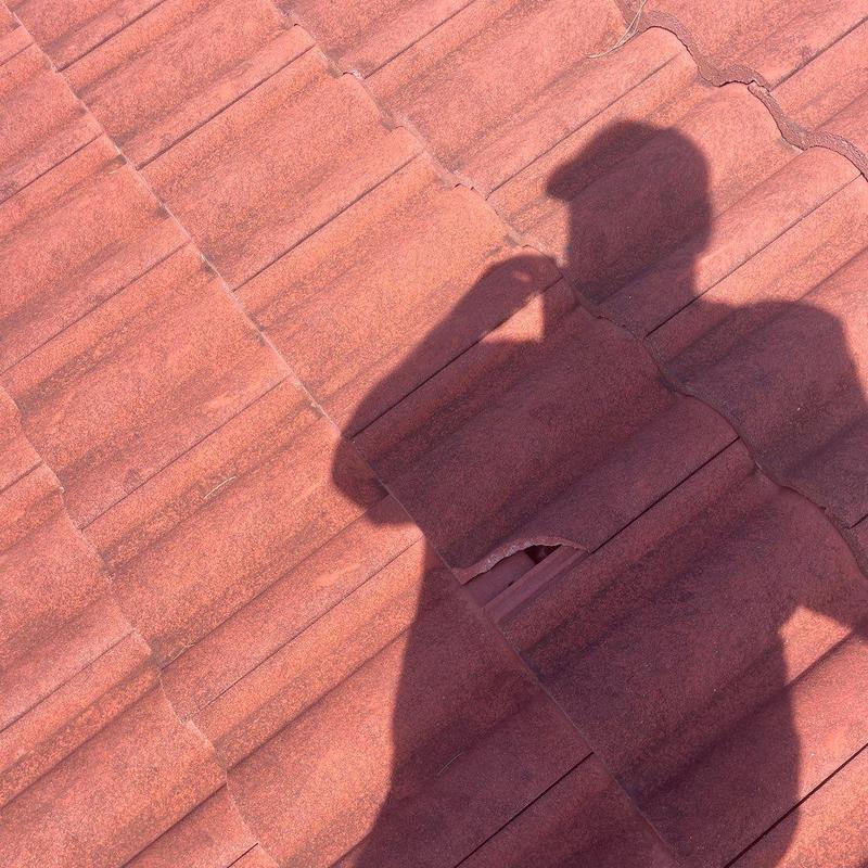 Concrete tile with cracked and displaced tiles on roof