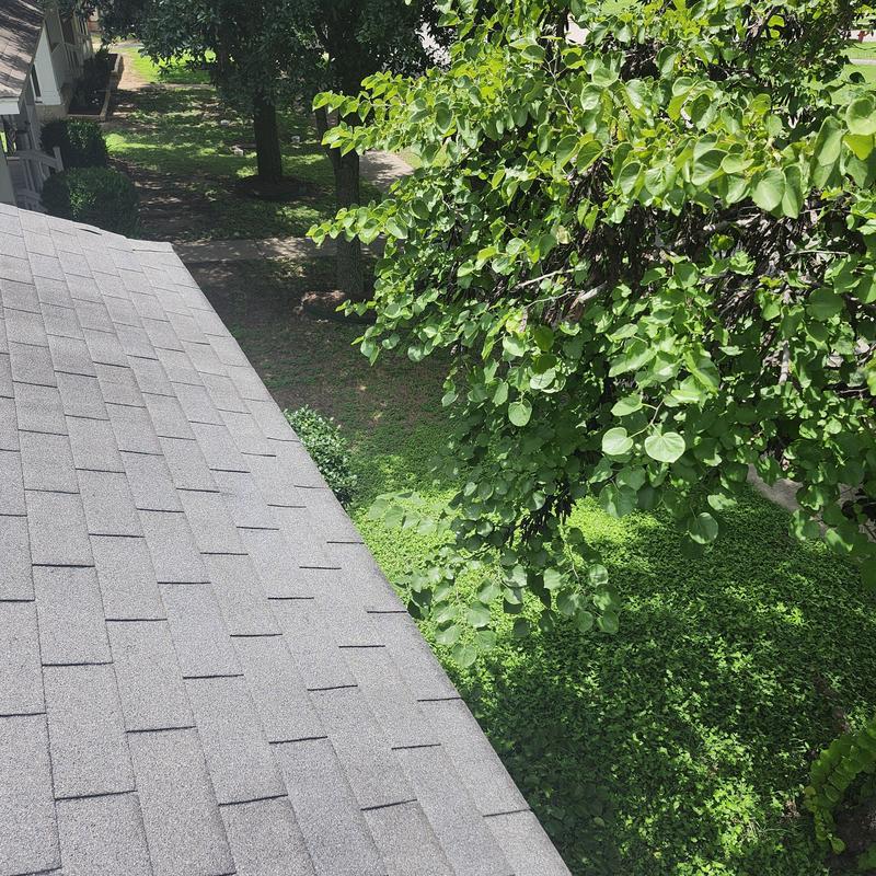 Valley flashing with trimmed tree branches near roof