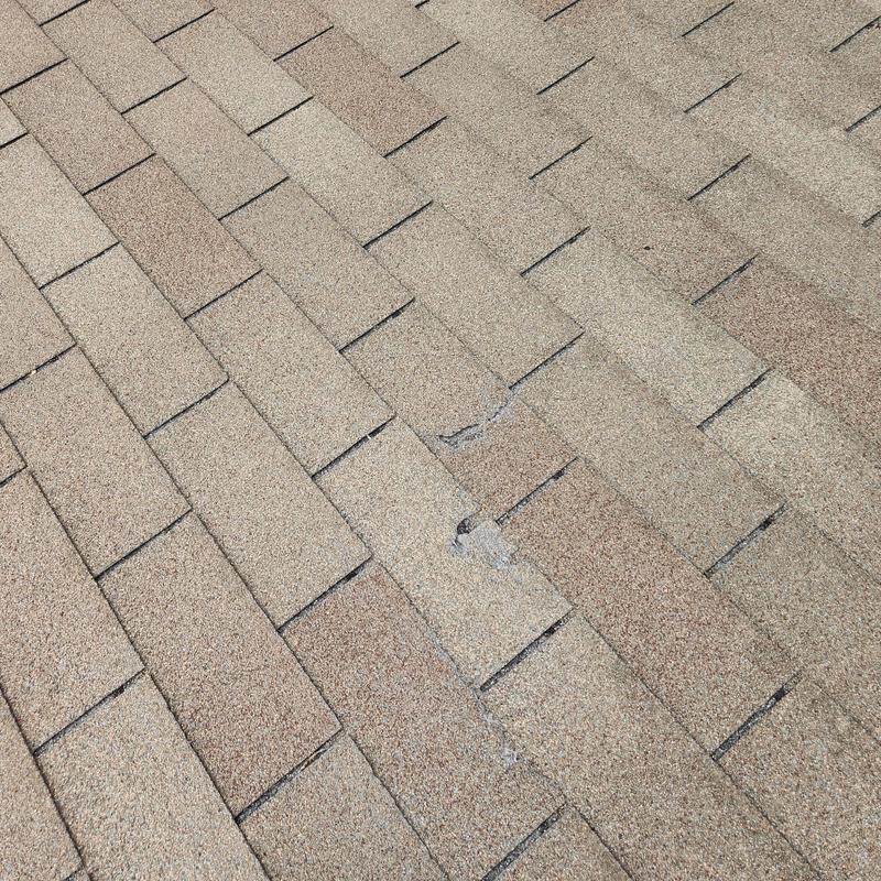 Asphalt shingles with visible hail impact damage Asphalt shingles with visible hail impact damage