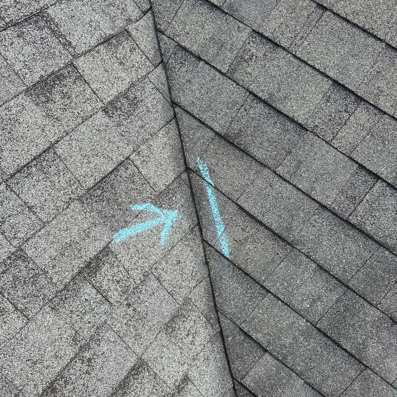Asphalt shingle roof with hail damage markings