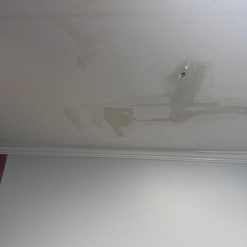 Ceiling drywall with water damage and cracks