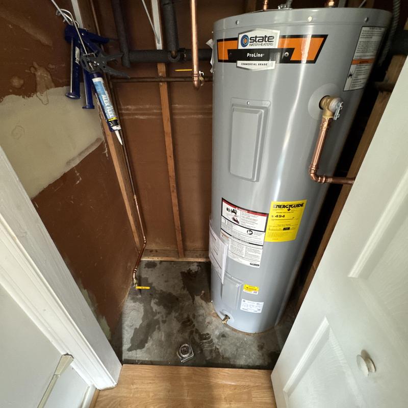 State ProLine electric water heater installation in closet