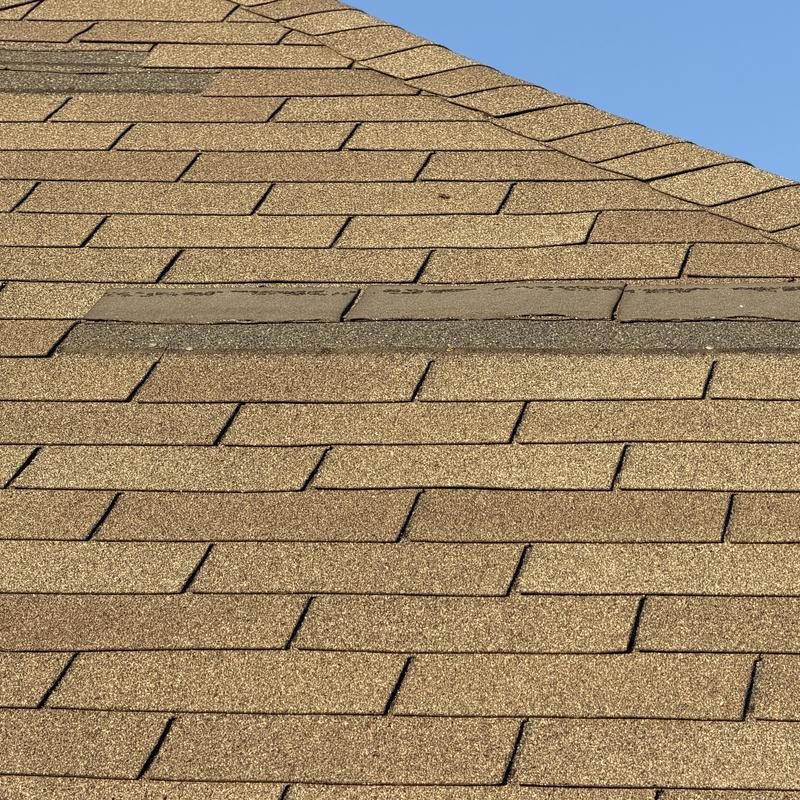 Asphalt shingle roof with damaged and loose shingles