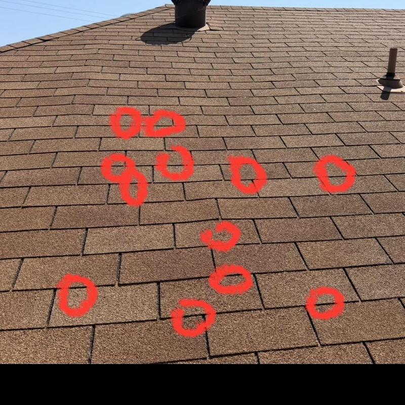 Asphalt shingle roof with hail damage marked in red circles