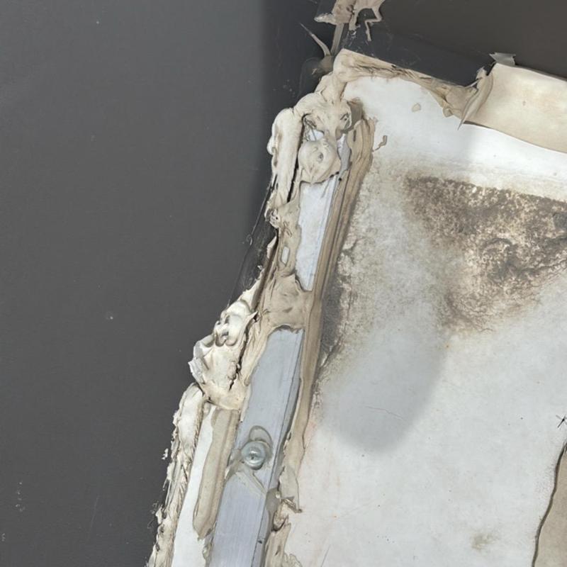 TPO metal roof edge with sealant damage and mold