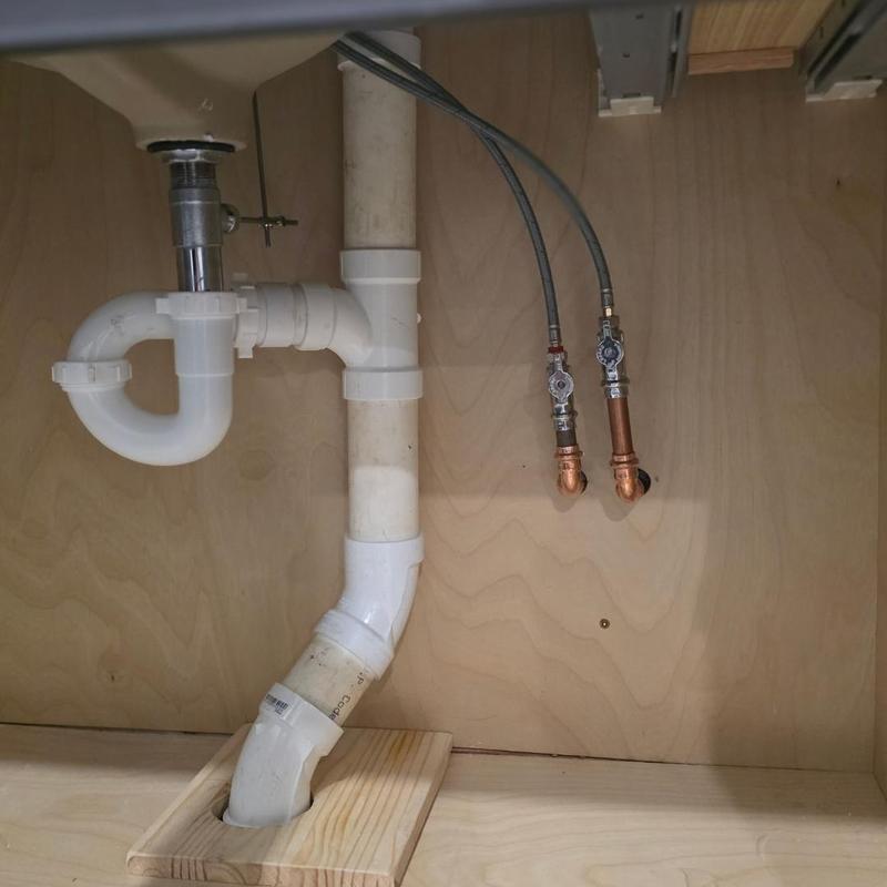 PVC sink drain and copper angle stop valve installation