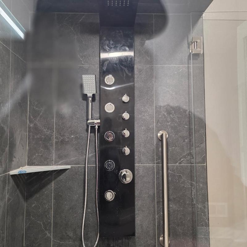 Shower panel system with hand shower and controls