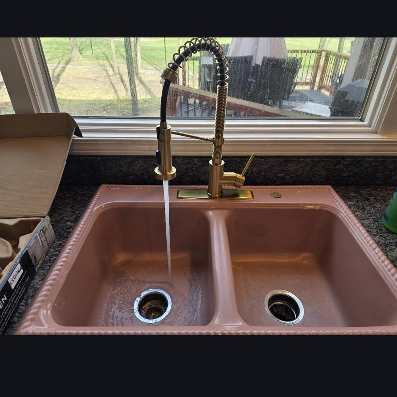 Kitchen faucet with running water over double sink