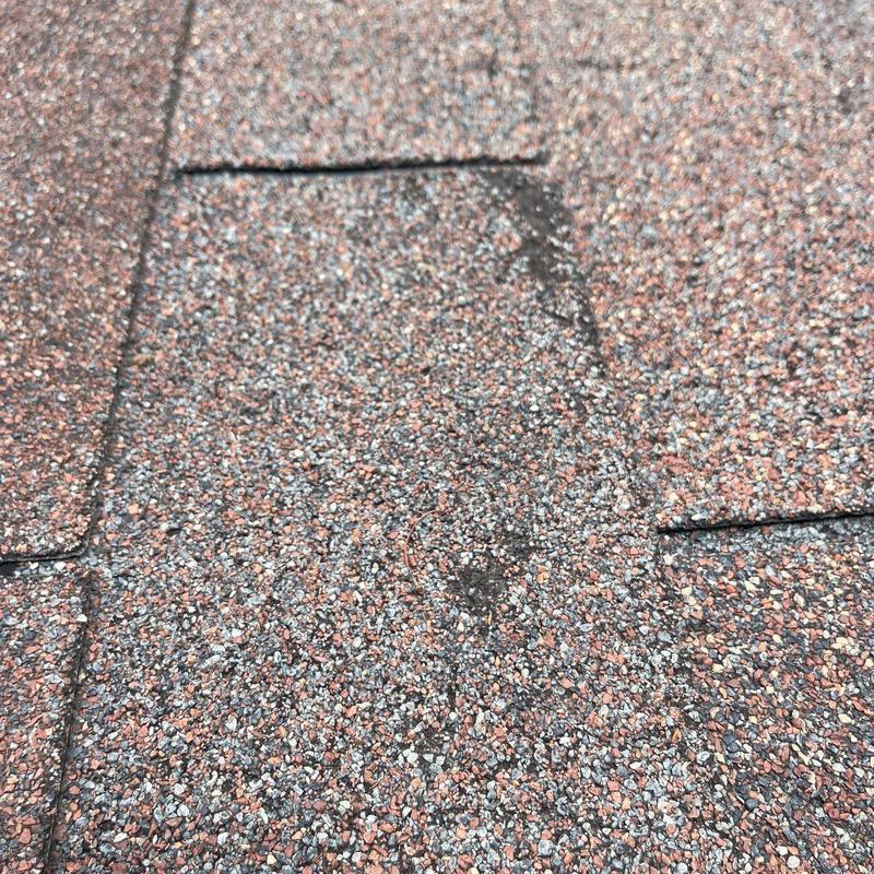 Architectural shingle with hail damage close-up on roof