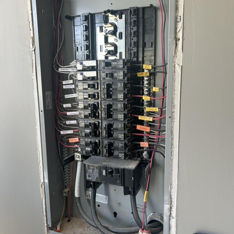 Electrical breaker panel with labeled circuit breakers