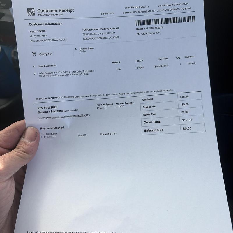 Wood screws purchase receipt for HVAC job