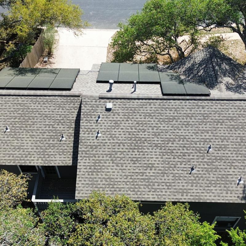 Solar panels on GAF Weatherwood shingle roof with vents Solar panels on GAF Weatherwood shingle roof with vents