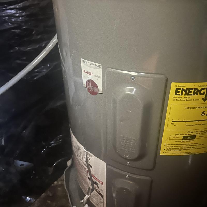 Electric Rheem lowboy water heater close-up