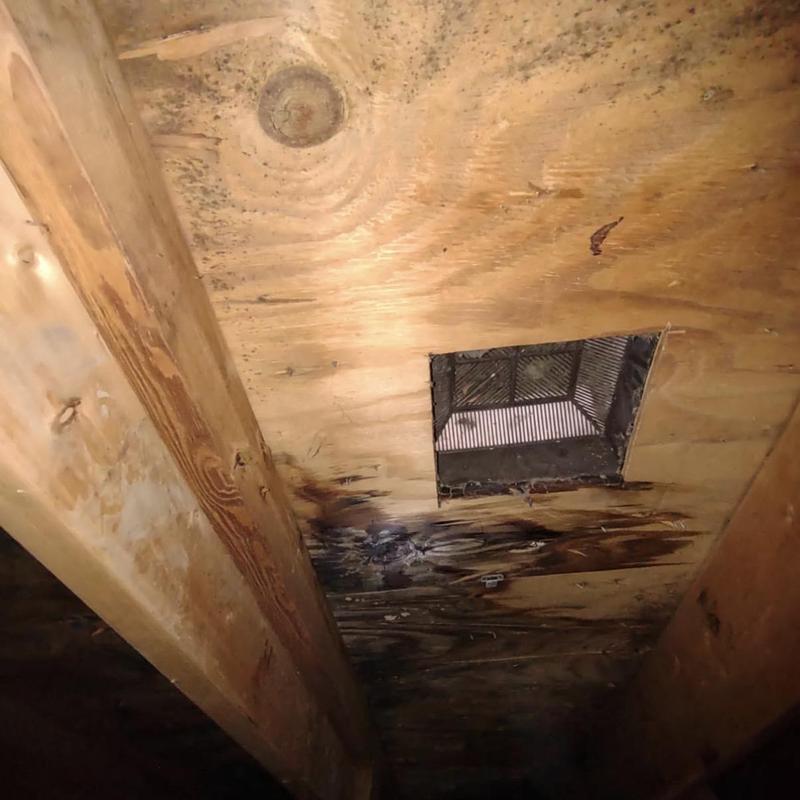 Roof decking wood with water damage and ventilation vent Roof decking wood with water damage and ventilation vent