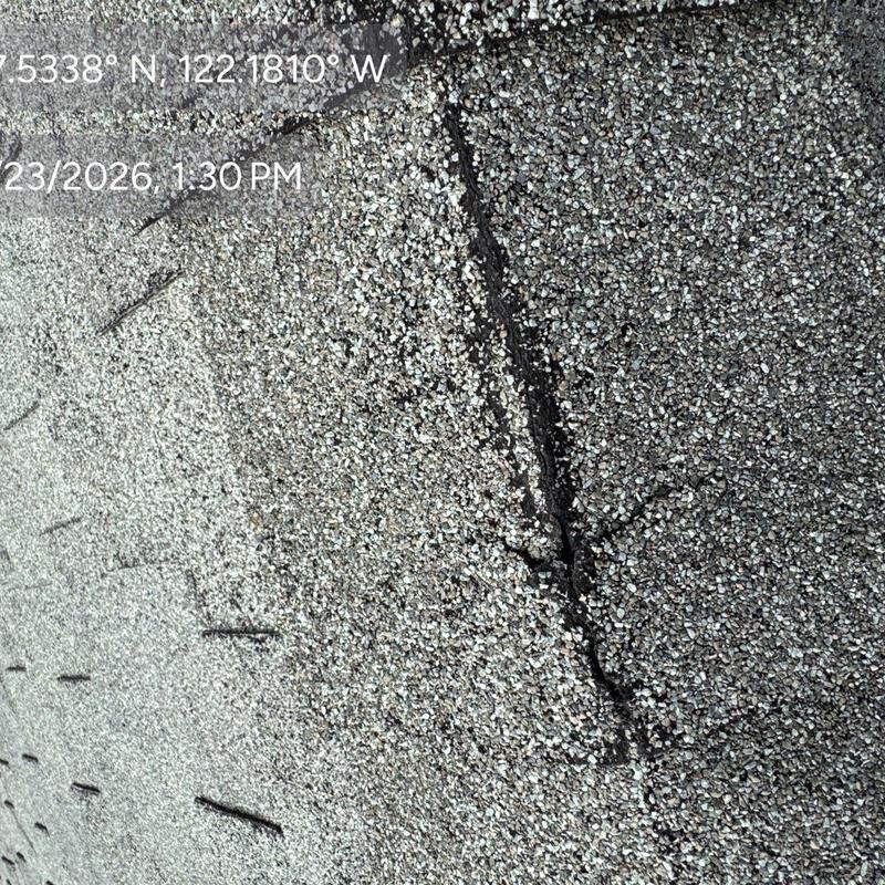 Asphalt shingle roof close-up showing crack