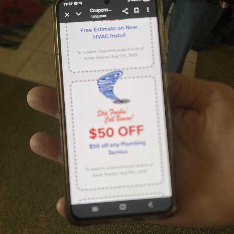 Plumbing service $50 off coupon on phone screen
