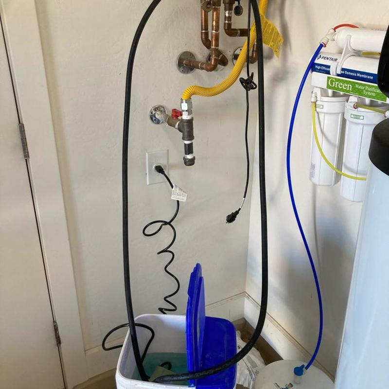 Water heater flushing setup with hoses and bucket