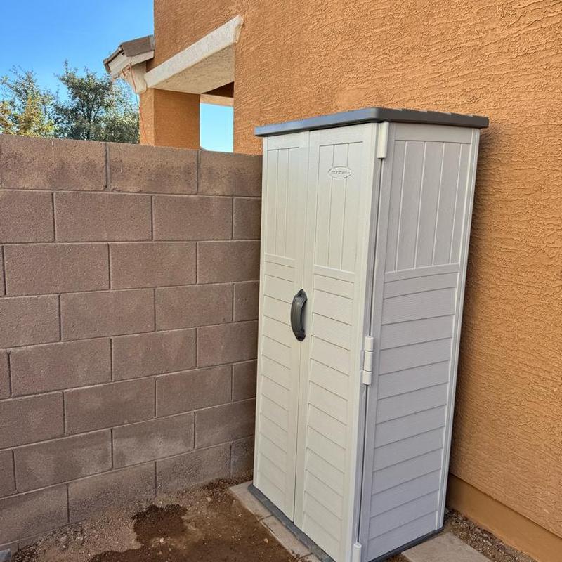 Water softener storage shed with block base installed