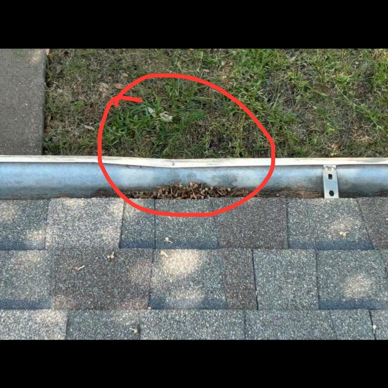 Gutter with visible dent and leaf debris on roof edge