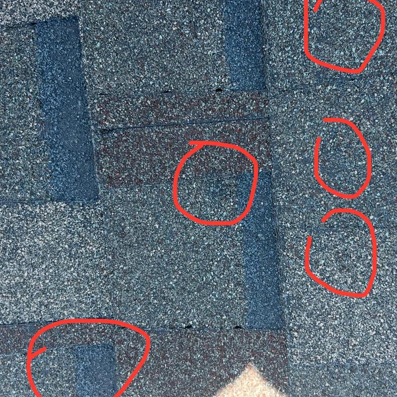 Asphalt shingles with granule loss marked in red circles
