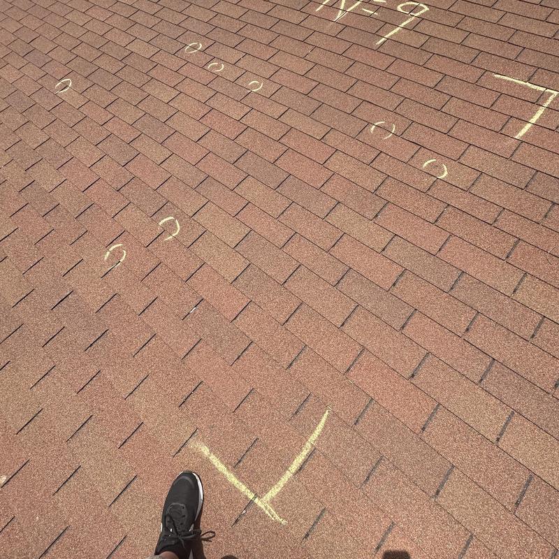 Asphalt shingle roof with hail damage markings