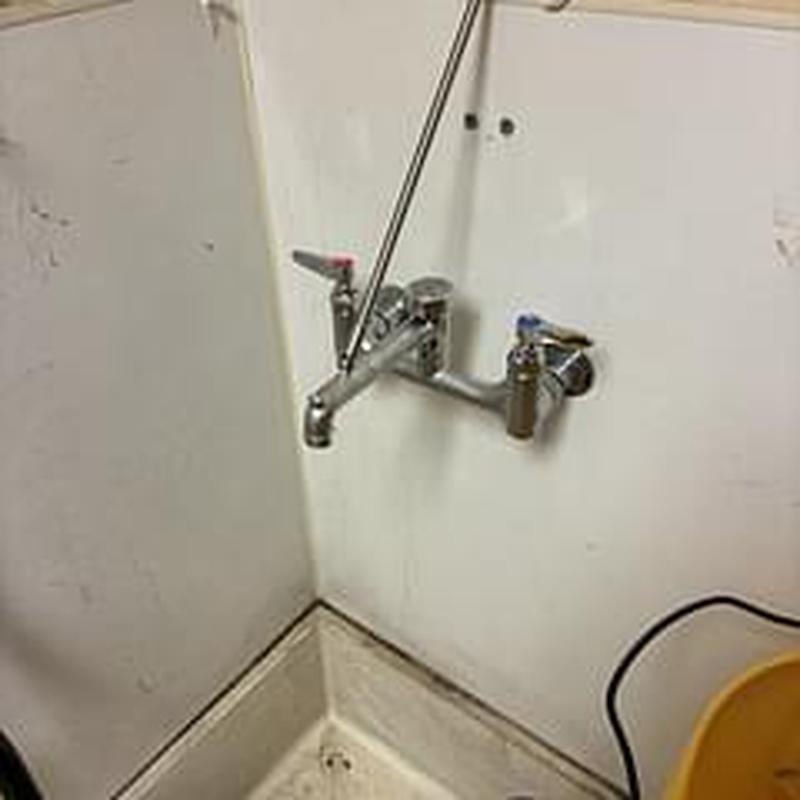 Mop sink faucet with hot and cold water valves