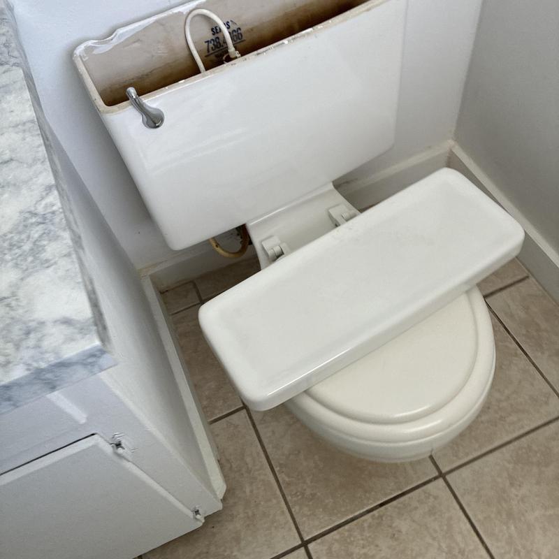 Toilet tank with open lid and flapper replacement