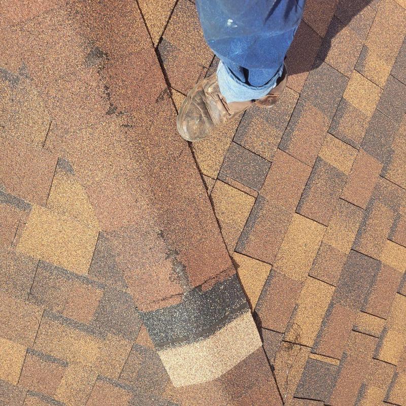 Asphalt shingle roof with failing past repairs