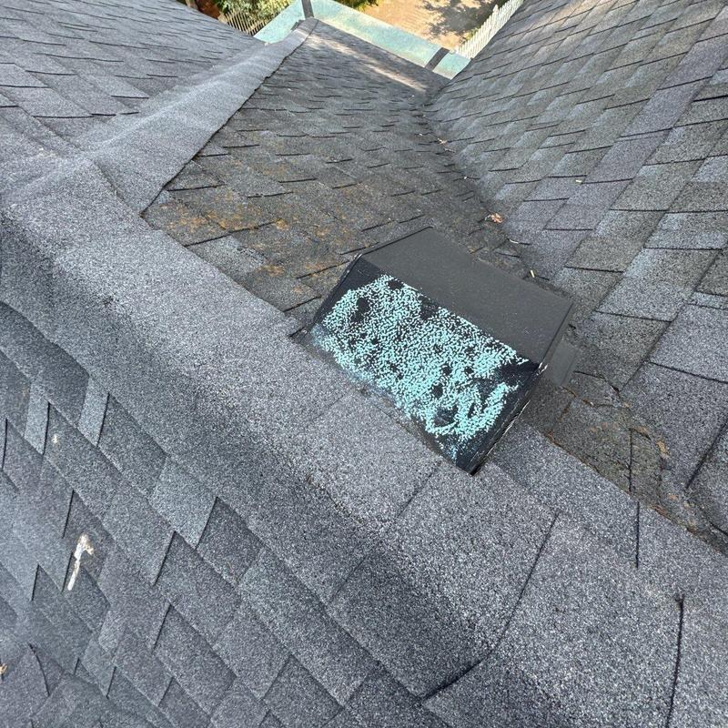 Architectural shingles with hail damage and vent flashing