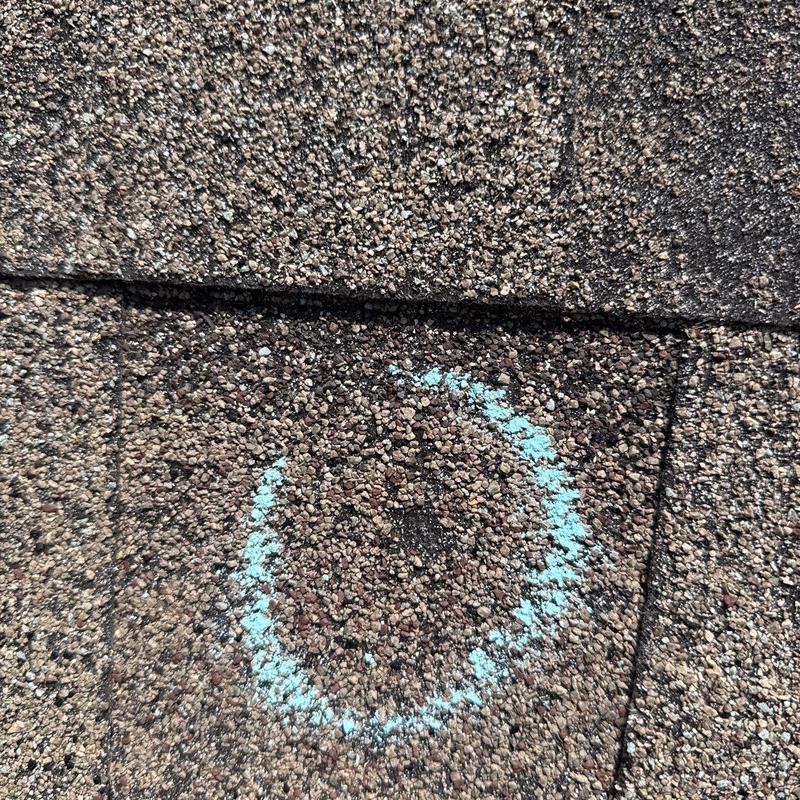 Roof shingles with hail damage marked in blue chalk