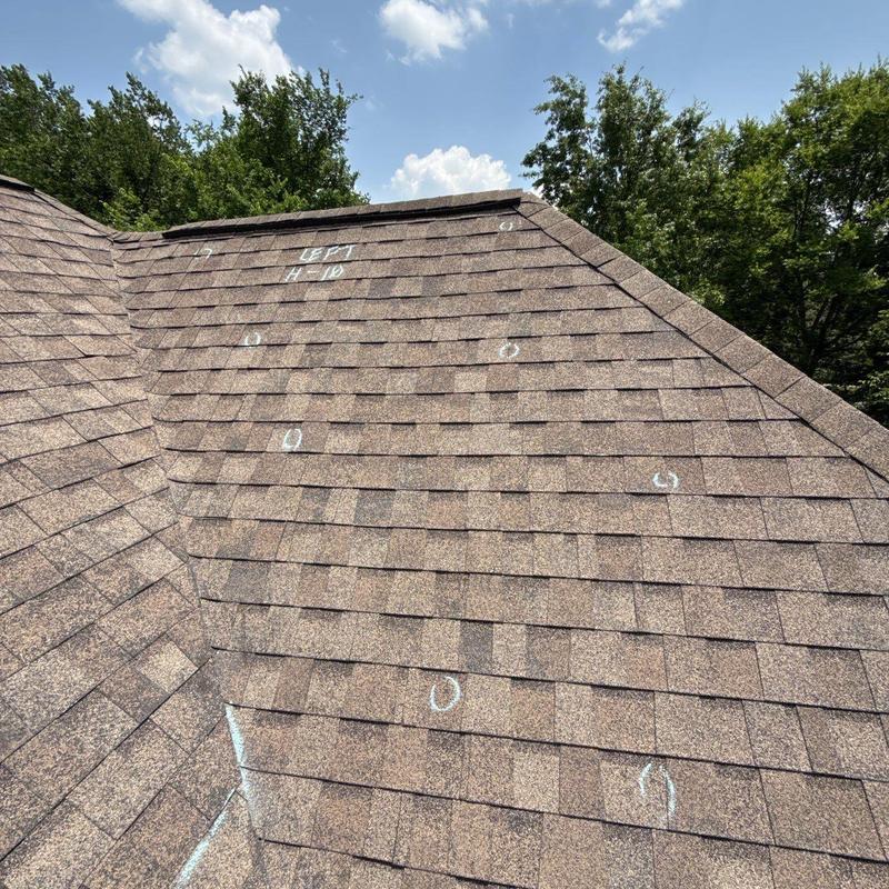 Asphalt shingles with hail damage marked on roof