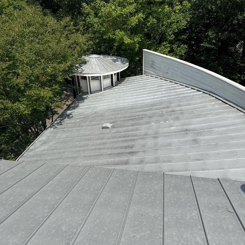Metal roofing system with vent and surrounding trees