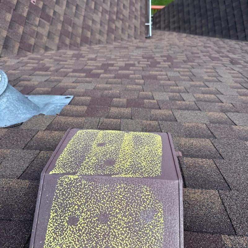 Roof vent flashing with hail damage and shingle granule loss