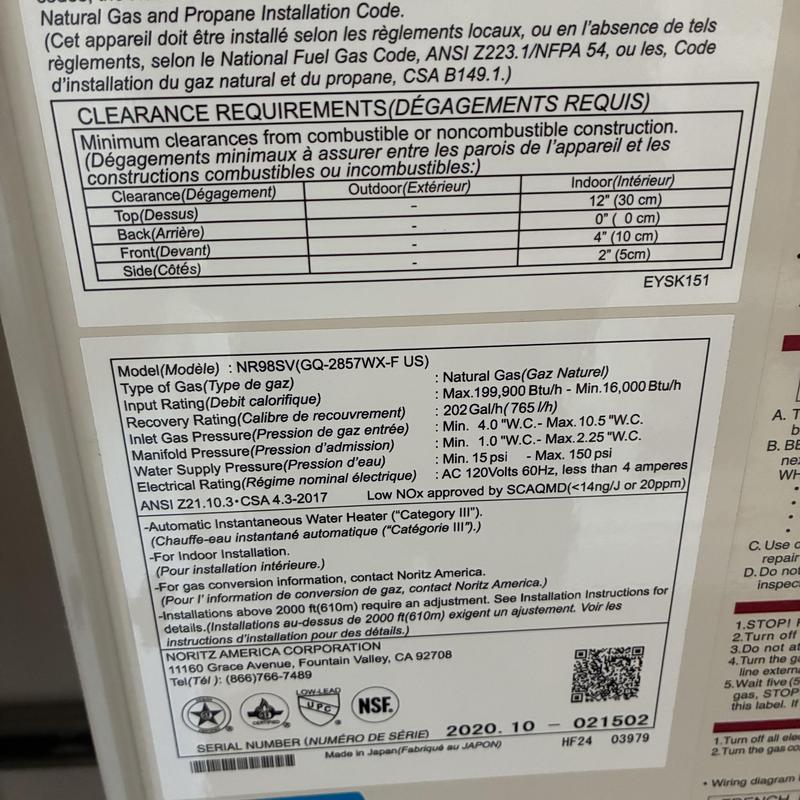Noritz NR98SV tankless water heater label details