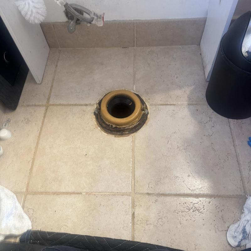 Toilet flange with removed toilet and old wax ring
