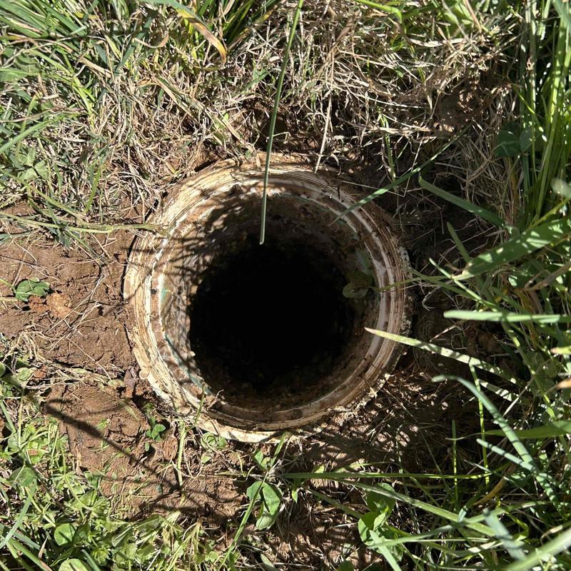 Septic tank opening surrounded by grass and soil