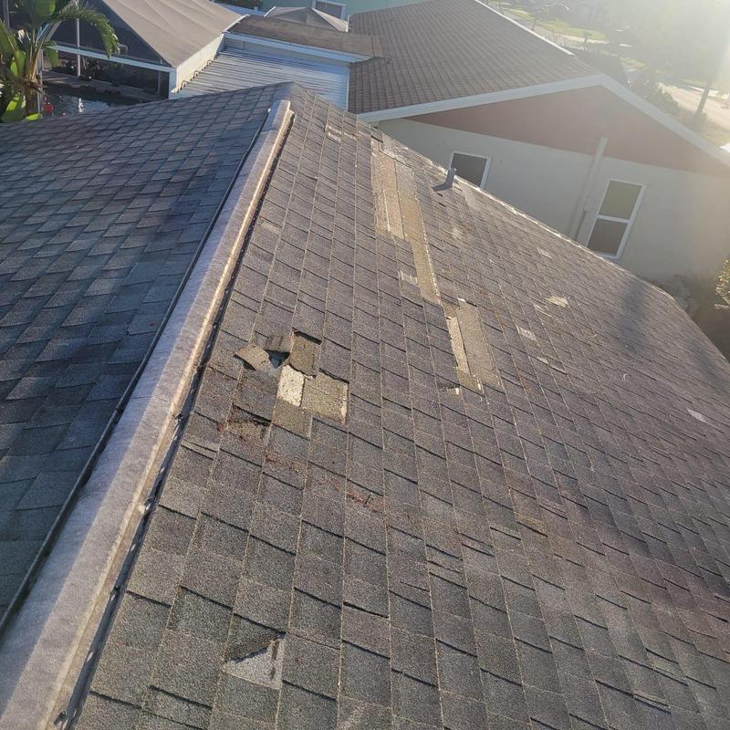 Shingle roof with damaged and missing shingles in Cape Coral