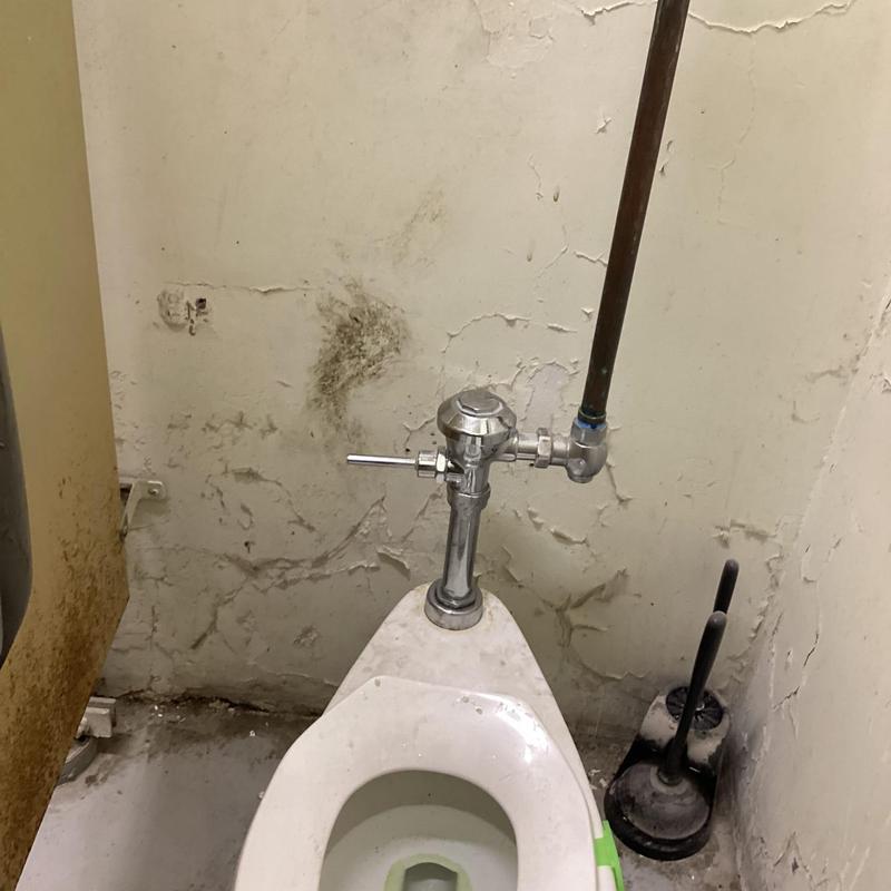 Urinal flush valve with exposed copper pipe in restroom