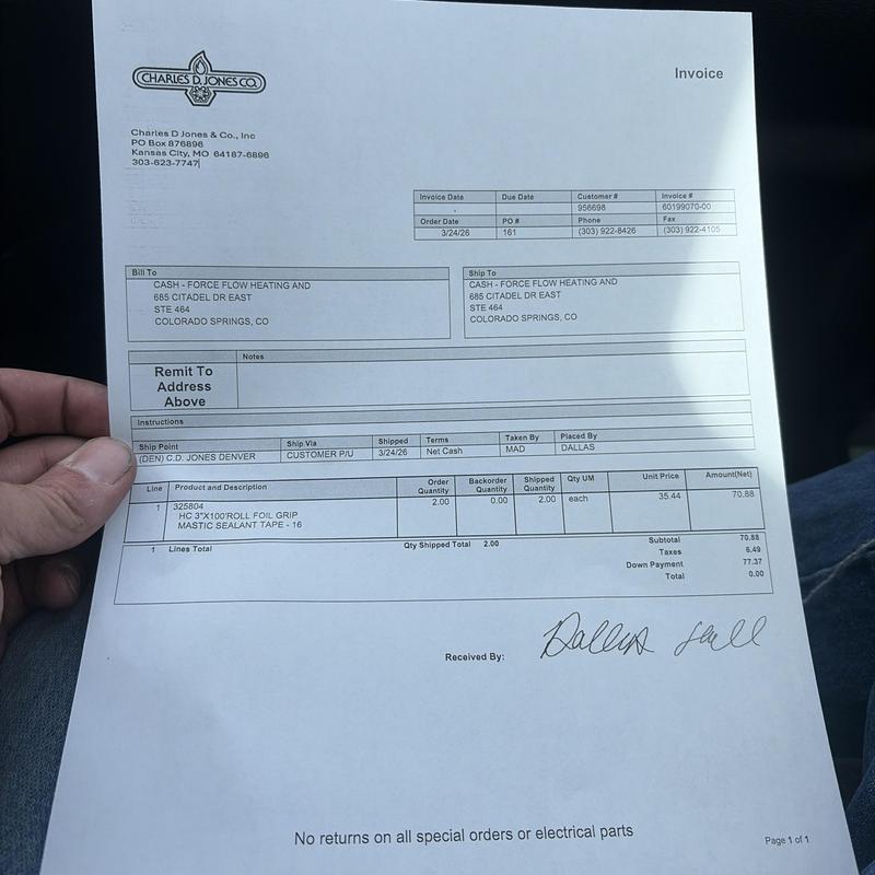 Mastic sealant tape and foil grip invoice document