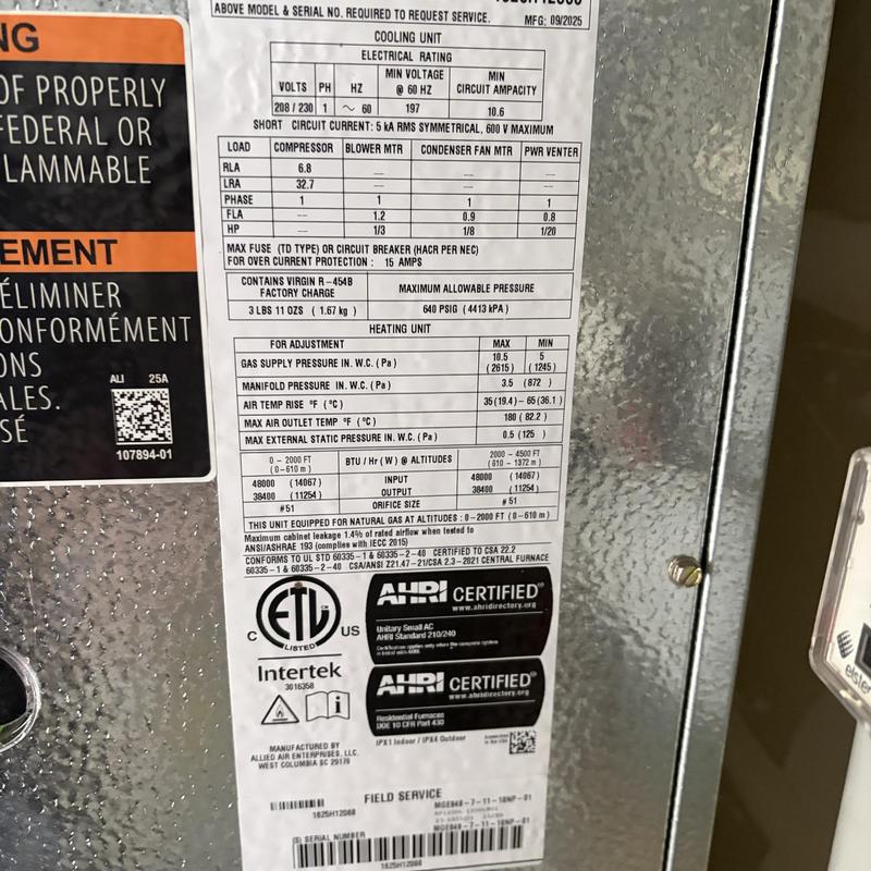 Magic Pak cooling unit electrical rating label