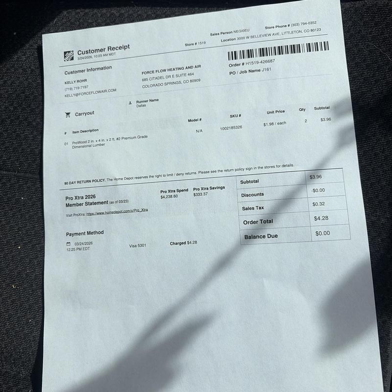 Dimensional lumber purchase receipt from Home Depot