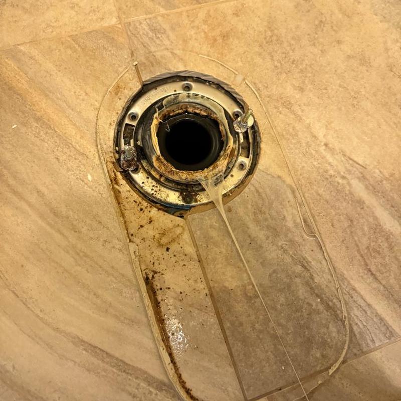 Toilet flange and wax ring with leaking base Toilet flange and wax ring with leaking base