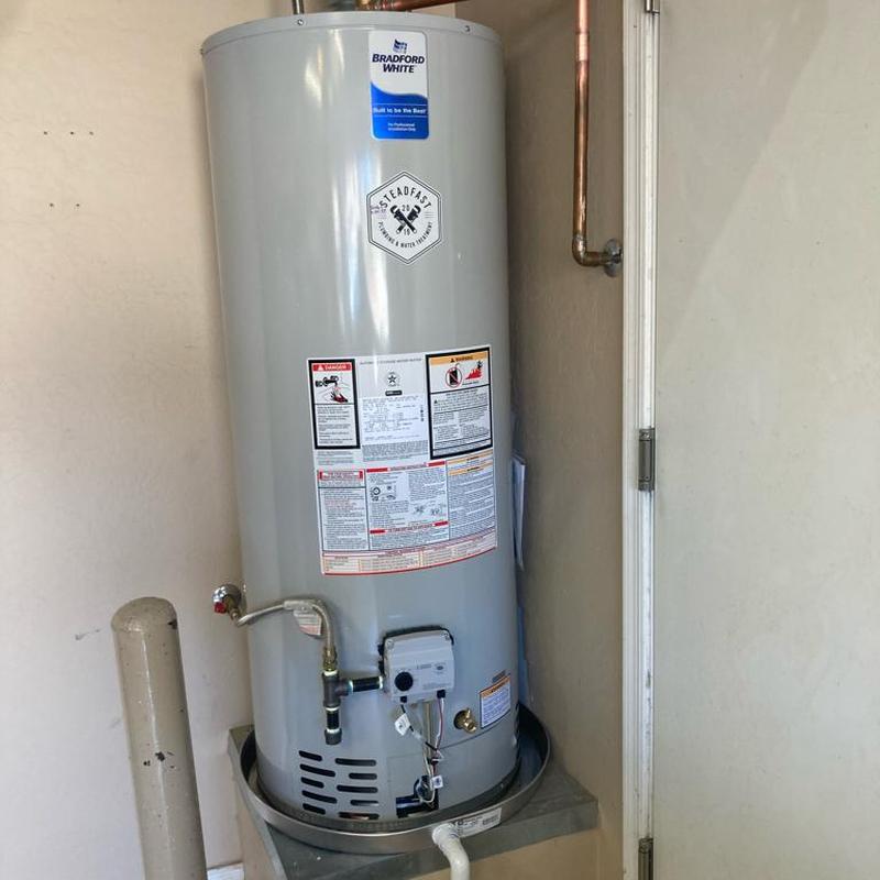 Bradford White 50-gal gas water heater with pan