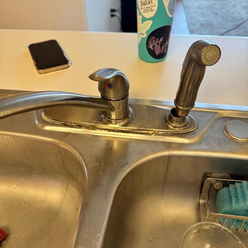 Kitchen faucet and sprayer on stainless steel sink Kitchen faucet and sprayer on stainless steel sink