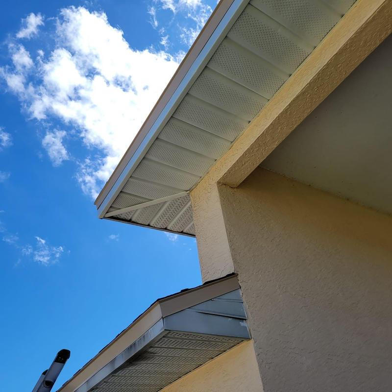 Soffit panels and fascia on residential home exterior