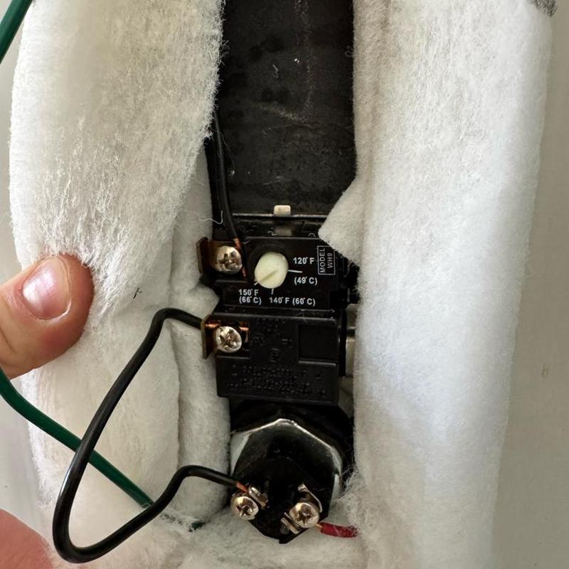 Electric water heater thermostat with wiring and insulation