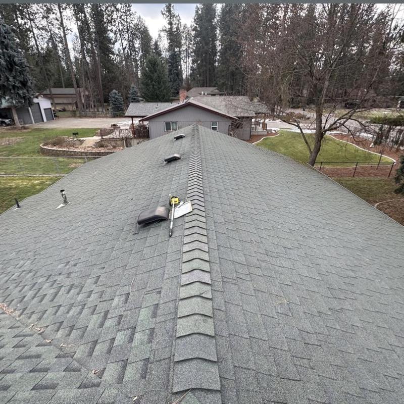 Asphalt shingle roof with ridge vents and inspection tools